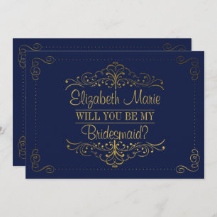 Will You Be My Bridesmaid? Ornate Navy & Gold Invitation