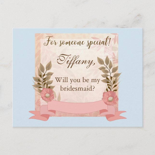 Will You be my bridesmaid Pink and Blue Invitation Postcard (Front)