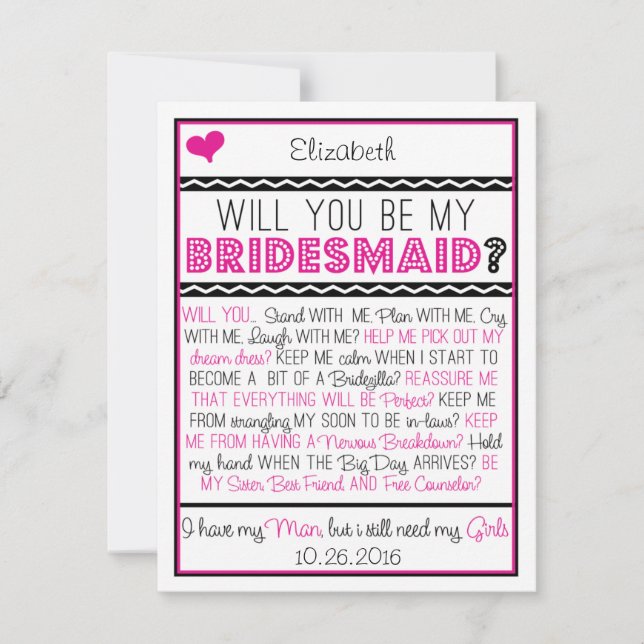 Will you be my Bridesmaid? Pink/Black Collage Card (Front)