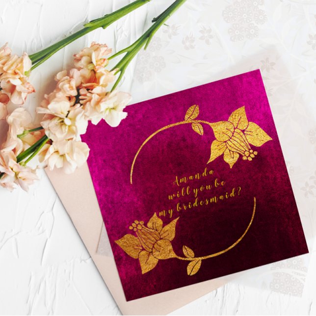 Will You Be My Bridesmaid Pink Fuchsia Velvet Gold Invitation (Creator Uploaded)