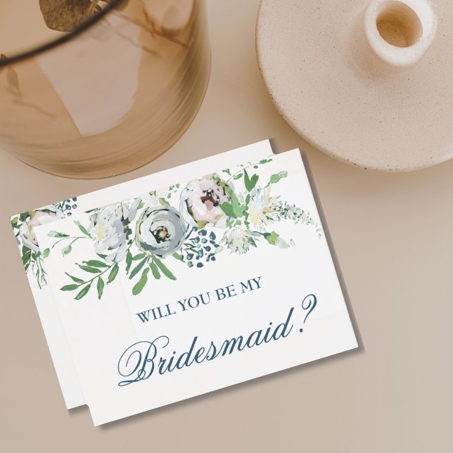 Will You Be My Bridesmaid Proposal Pretty Floral Invitation Postcard (BEAUTIFUL CLASSIC BOHO WATERCOLOR FLORAL WHITE ROSE WILL YOU BE MY BRIDESMAID? )