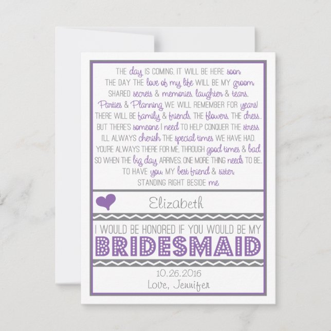 Will you be my Bridesmaid? Purple/Grey Poem Card (Front)