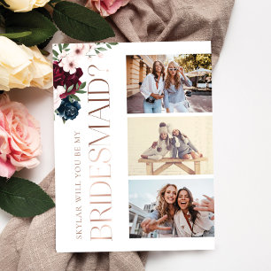 Will You Be My Bridesmaid Red & Navy Florals Photo Invitation Postcard