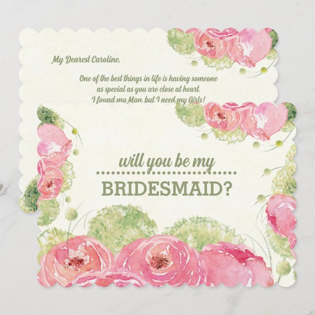 Will you be my Bridesmaid? Romantic Roses Invitation (Front/Back)