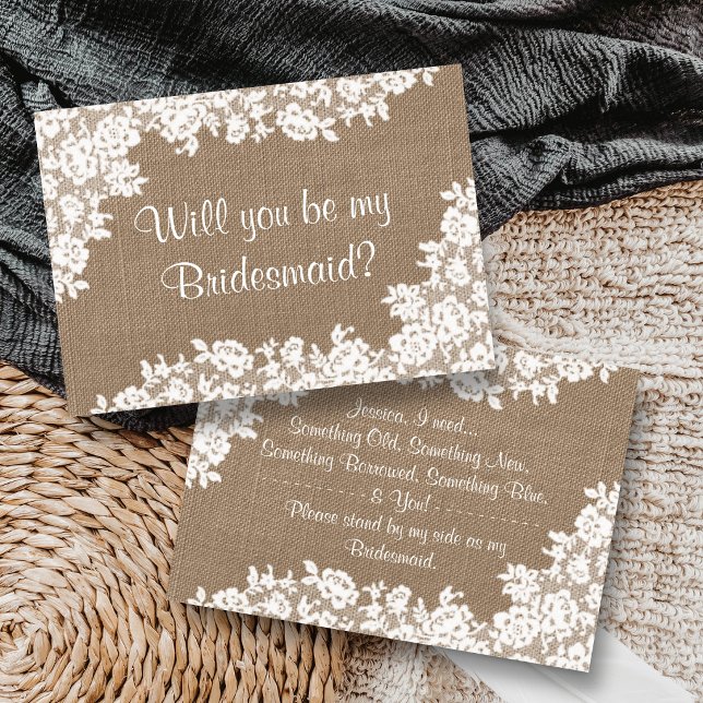 Will You Be My Bridesmaid? Rustic Burlap & Lace Invitation (Creator Uploaded)