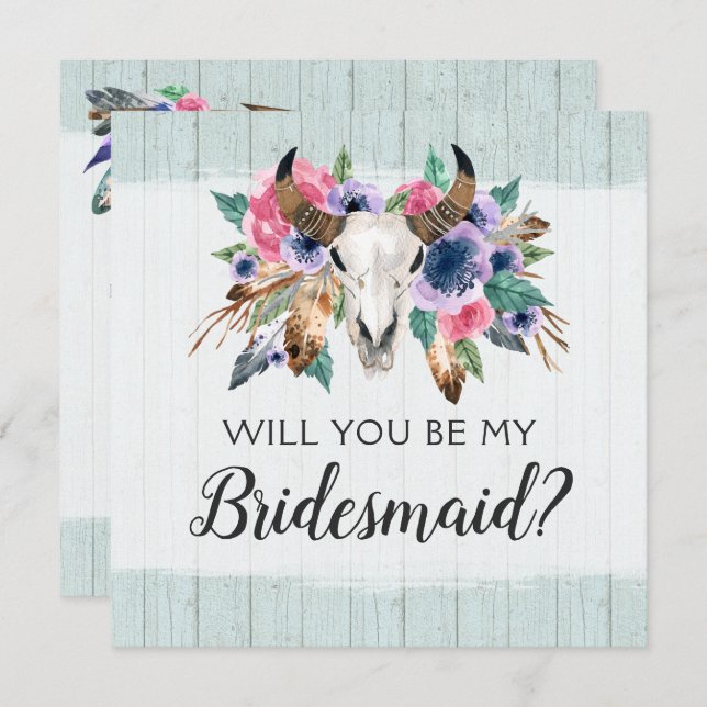 Will You Be My Bridesmaid Rustic Floral Skull Card (Front/Back)