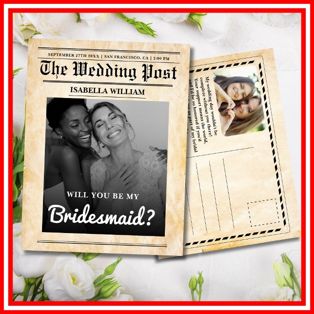 Will You Be My Bridesmaid Rustic Newspaper  Postcard (Creator Uploaded)
