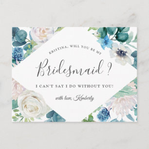 Will You Be My Bridesmaid Sage Green Blue Floral Invitation Postcard