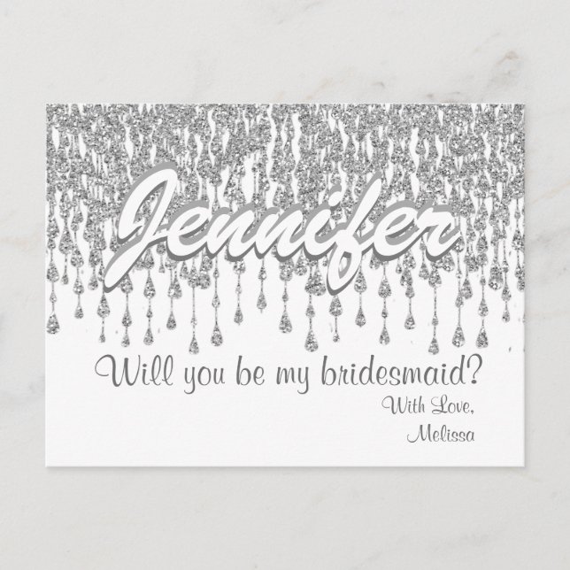 Will You Be My Bridesmaid | Silver glitter Look Invitation Postcard (Front)