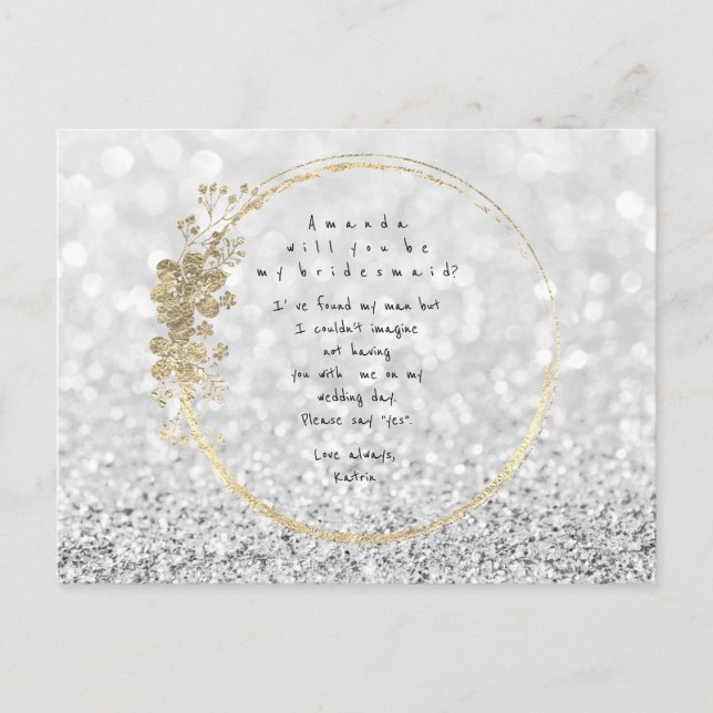 Will You Be My Bridesmaid Silver Grey Gold Glitter Invitation Postcard (Front)