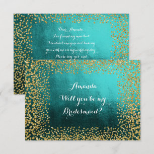 Will You Be My Bridesmaid Teal Vip Gold Confetti Invitation