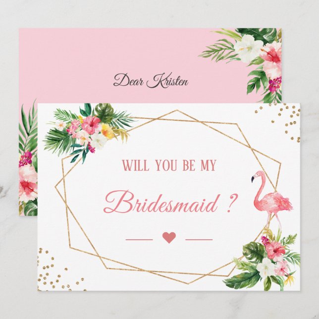Will You Be My Bridesmaid Tropical Flamingo Floral Invitation (Front/Back)