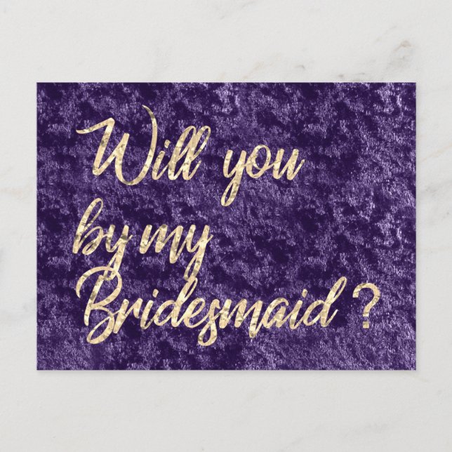 Will You Be My Bridesmaid Violet Velvet Gold Faux Invitation Postcard (Front)