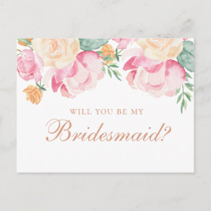 Will you be my bridesmaid. Watercolor pink floral Invitation Postcard