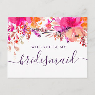 Will you be my bridesmaid. Watercolor pink floral Invitation Postcard