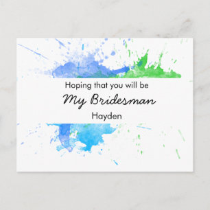 Will You Be My Bridesman Green and Blue Watercolor Invitation Postcard