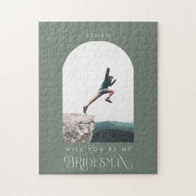 Will you be my Bridesman Minimal Photo Sage Green Jigsaw Puzzle (Vertical)