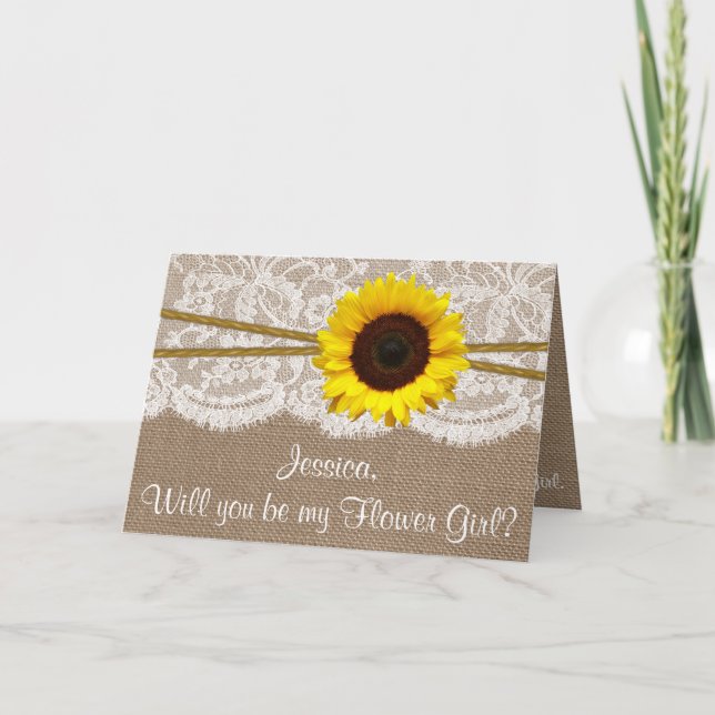 Will You Be My Flower Gir? Sunflower Rustic Burlap Invitation (Front)