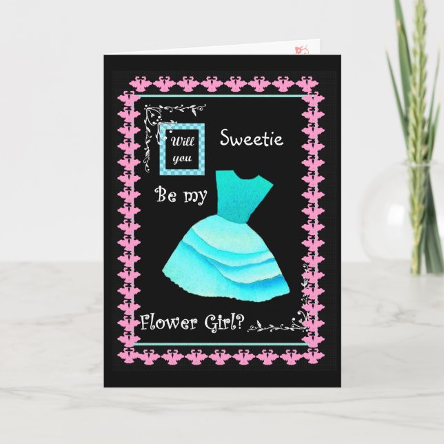 Will You Be My Flower Girl?  AQUA Dress and Swans Invitation (Front)