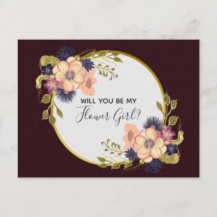 Will You Be My Flower Girl Burgundy Floral Fall Invitation Postcard