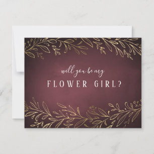 Will you be my flower girl gold burgundy botanical invitation