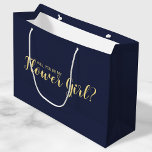 Will You Be My Flower Girl? Modern Proposal Large Gift Bag<br><div class="desc">"Will You Be My Flower Girl?" Modern Proposal Gift Bag
features title "Will You Be My Flower Girl?" in gold modern script font style on navy blue background.

Please Note: The foil details are simulated in the artwork. No actual foil will be used in the making of this product.</div>