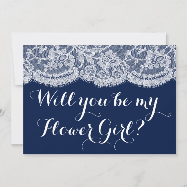 Will You Be My Flower Girl? Navy Blue & White Lace Invitation (Front)