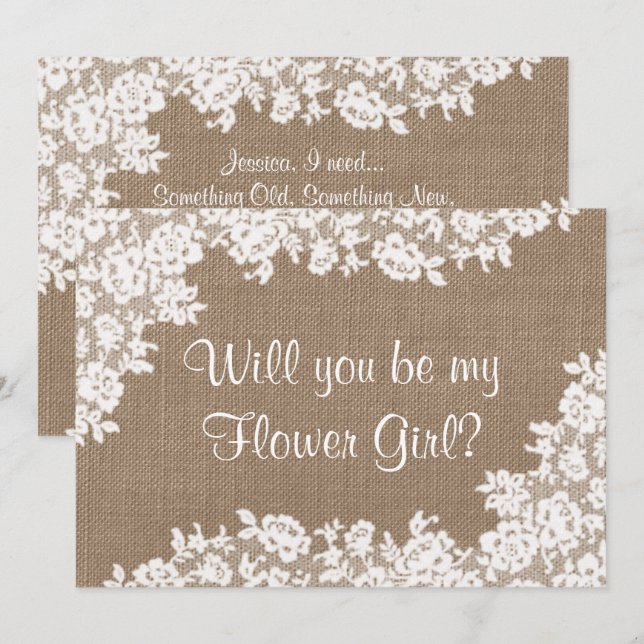 Will You Be My Flower Girl? Rustic Burlap & Lace Invitation (Front/Back)