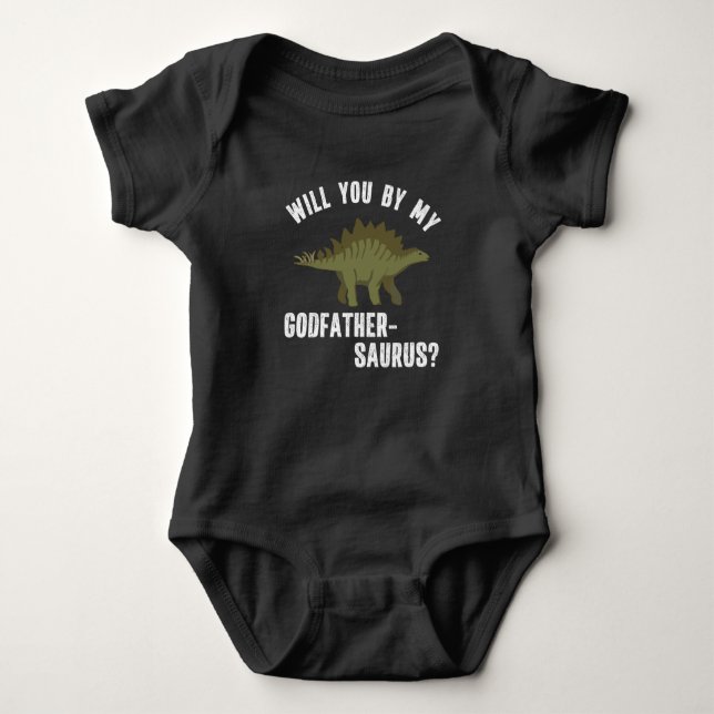 Will You Be My Godfather Dinosaur Funny Baby Bodysuit (Front)
