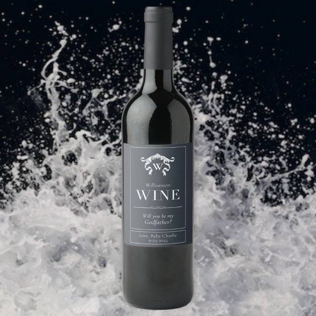 Will You Be My Godfather Elegant Monogram Wine Label (Creator Uploaded)