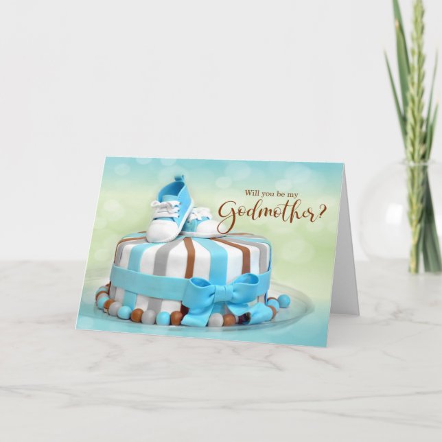 Will you be my Godmother Blue and Brown Cake Card (Front)