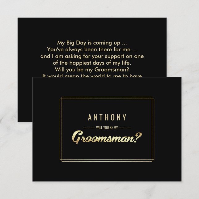 Will you be my Groomsman? Black Gold Wedding Invitation (Front/Back)