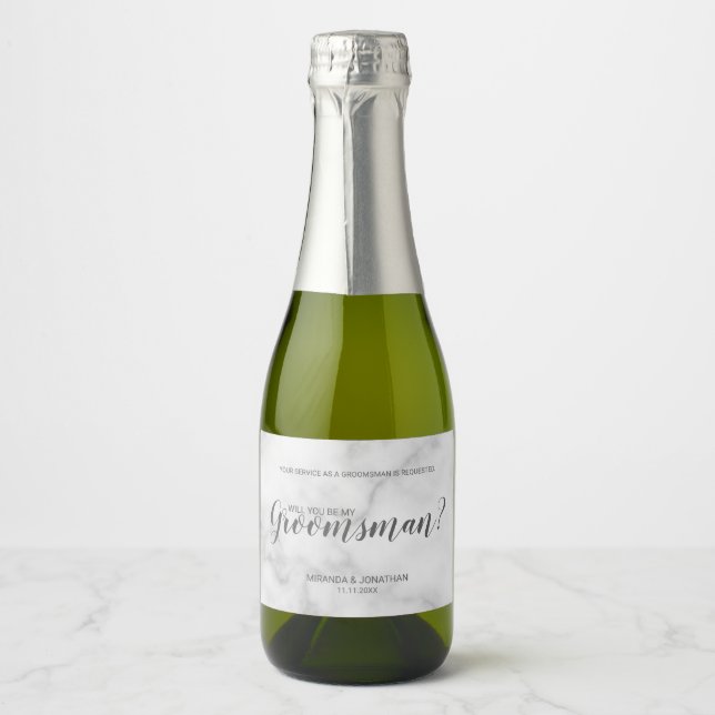 Will You Be My Groomsman? Modern White Marble Sparkling Wine Label (Front)