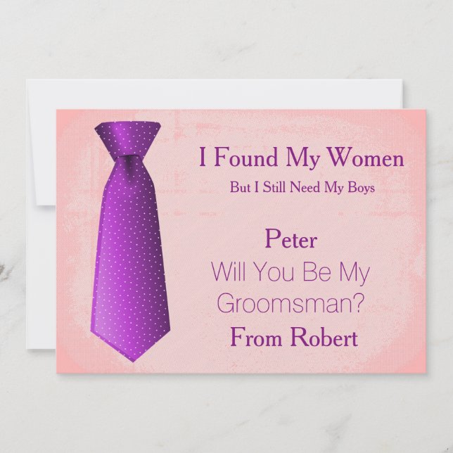 Will You Be My Groomsman Purple & White Tie Invita Invitation (Front)