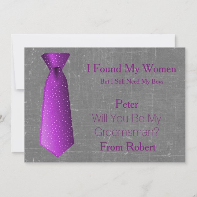 Will You Be My Groomsman Purple & White Tie Invitation (Front)