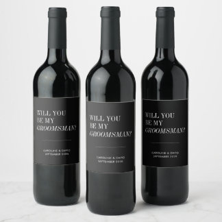 Will You Be My Groomsman Simple Black and White Wine Label