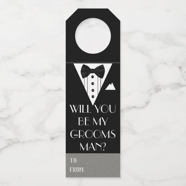 Will You Be My Groomsman Tuxedo Bottle Tag (Front)