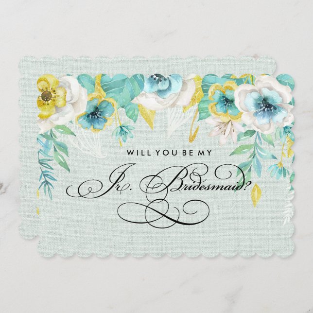 Will you be my Jr.Bridesmaid? Mint Floral Burlap Invitation (Front/Back)