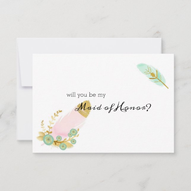 Will You Be My Maid of Honour Boho Feathers Pink (Front)