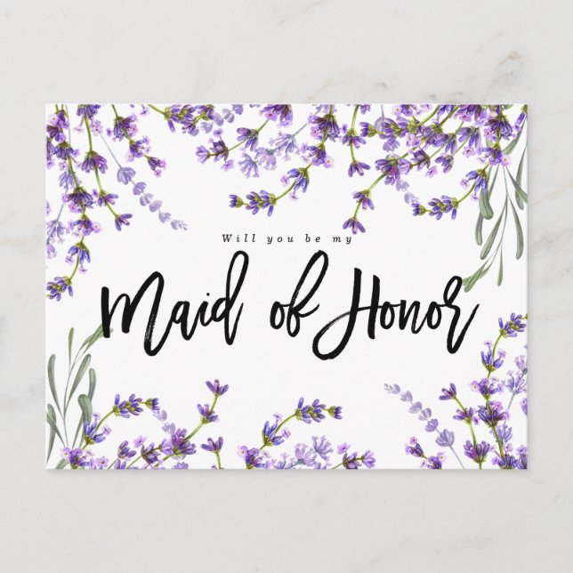 will you be my maid of honour boho lavender floral announcement postcard (Front)
