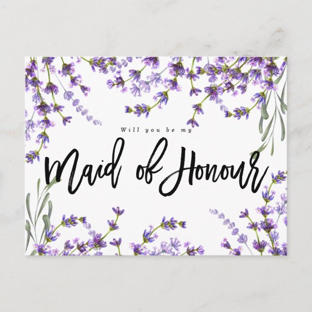 will you be my maid of honour boho lavender floral announcement postcard (Front)