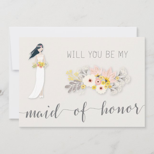 Will You Be My Maid Of Honour Cards Girl Black Hai (Front)