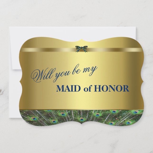 Will You Be My Maid of Honour? Custom Gold Peacock Invitation (Front)