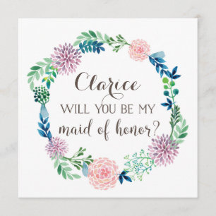 Will you be my maid of honour, flowers, watercolor invitation