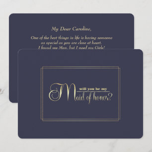 Will you be my Maid of Honour? Navy Blue Gold Invitation