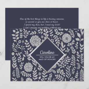 Will you be my Maid of Honour? Navy Blue Silver Invitation