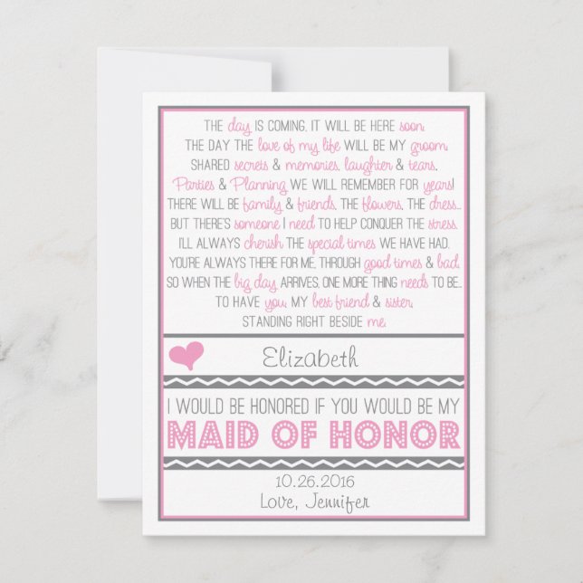 Will you be my Maid of Honour? Pink/Grey Poem Card (Front)
