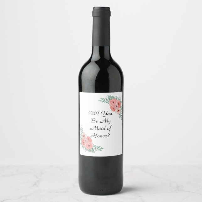 Will You Be My Maid of Honour Proposal Pink Floral Wine Label (Front)
