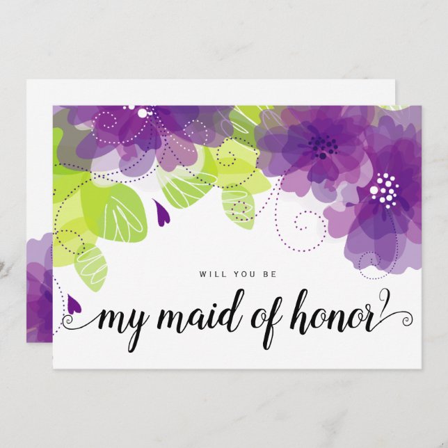 "Will you be my maid of honour" purple flowers car Invitation (Front/Back)