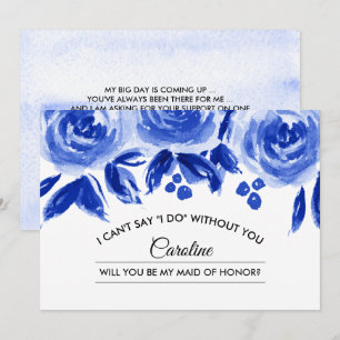 Will you be my Maid of Honour? Royal Blue Floral Invitation
